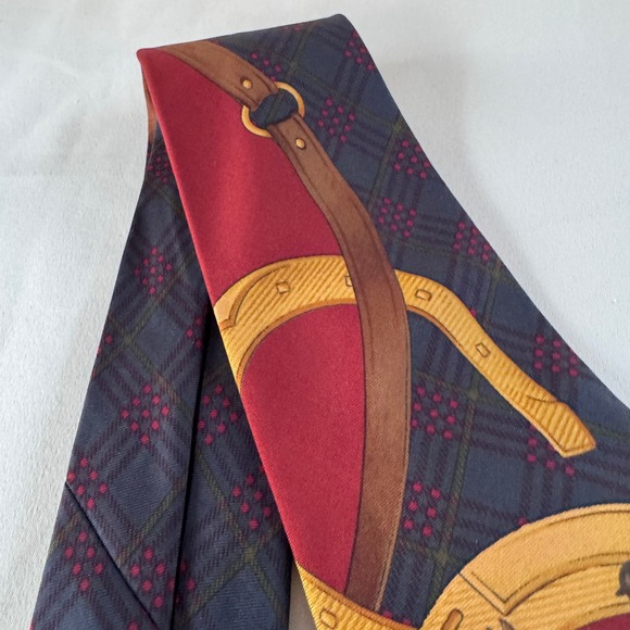 Polo Ralph Lauren Silk Tie Mens Burgundy Navy Plaid Equestrian Jockey Horse USA - Picture 7 of 9